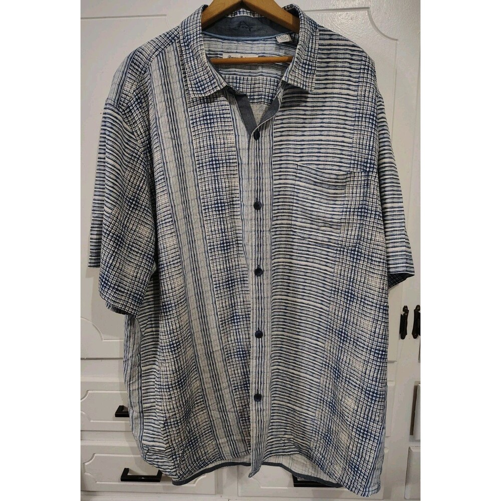 Tommy Bahama Mens Shirt Short Sleeve Button Up Blue White Silk Geometric Sz XXL